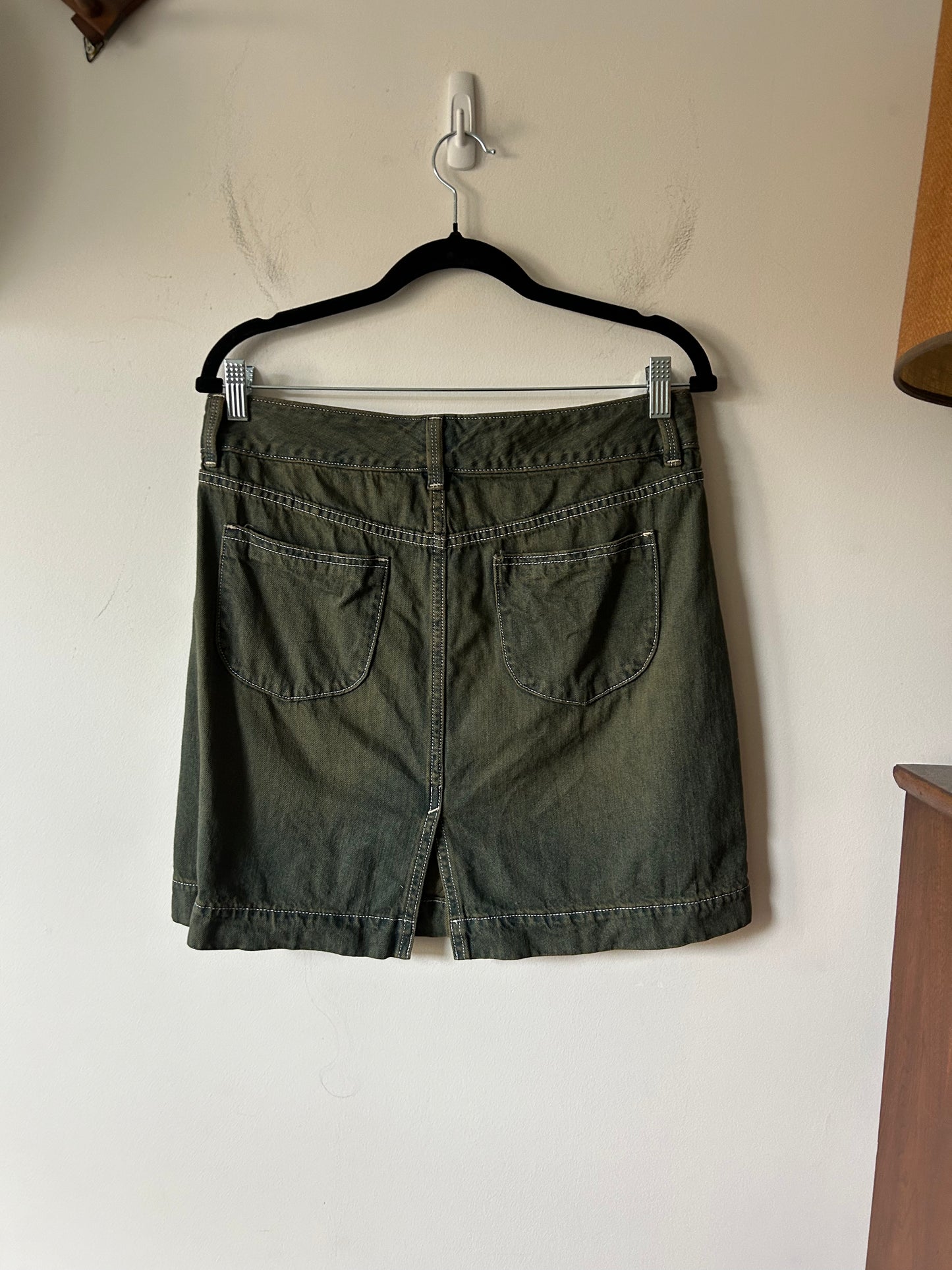 dark green acid wash denim mini skirt