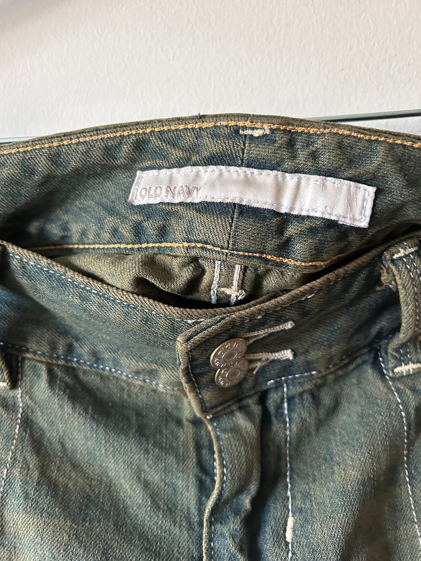 dark green acid wash denim mini skirt