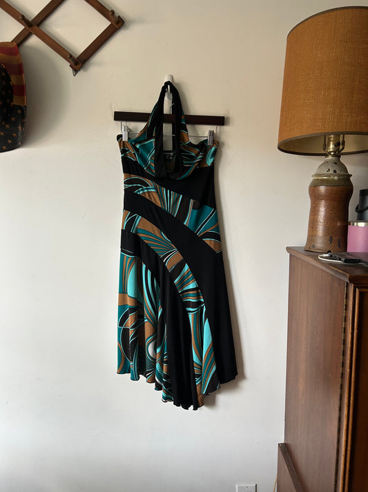 psychedelic 70s-style print halter dress