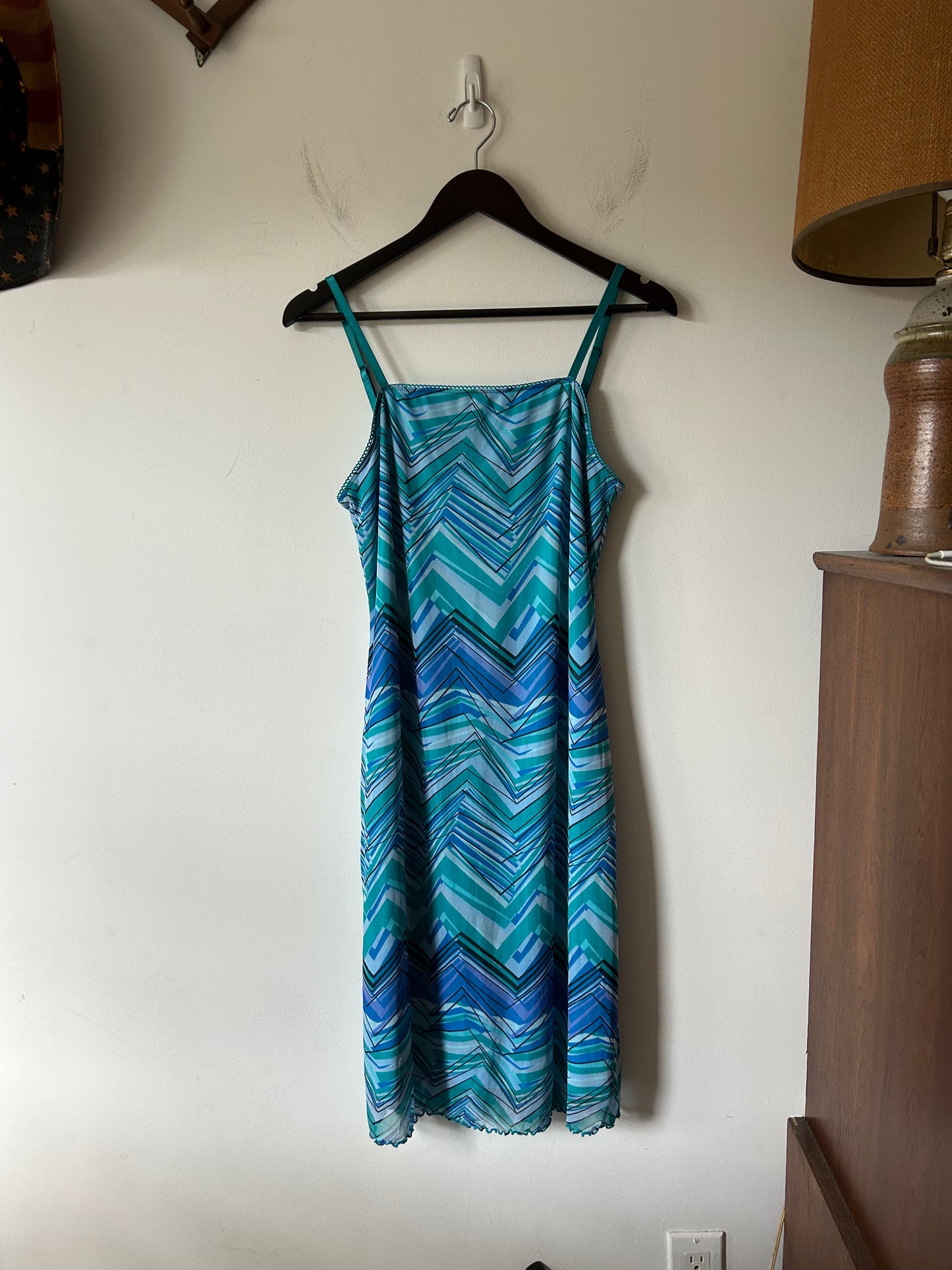 teal/blue geometric print dress