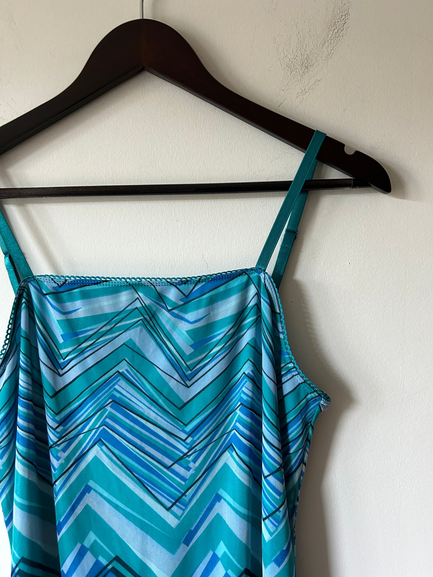 teal/blue geometric print dress