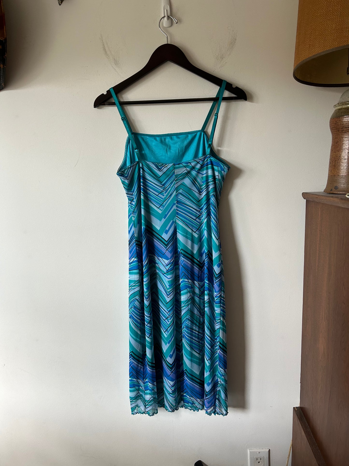 teal/blue geometric print dress