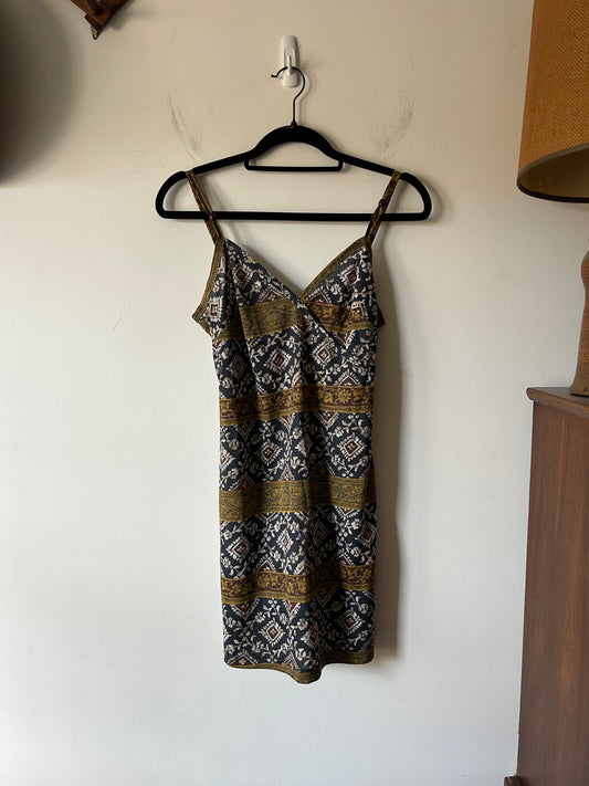 navy/mocha printed dress with beaded strap