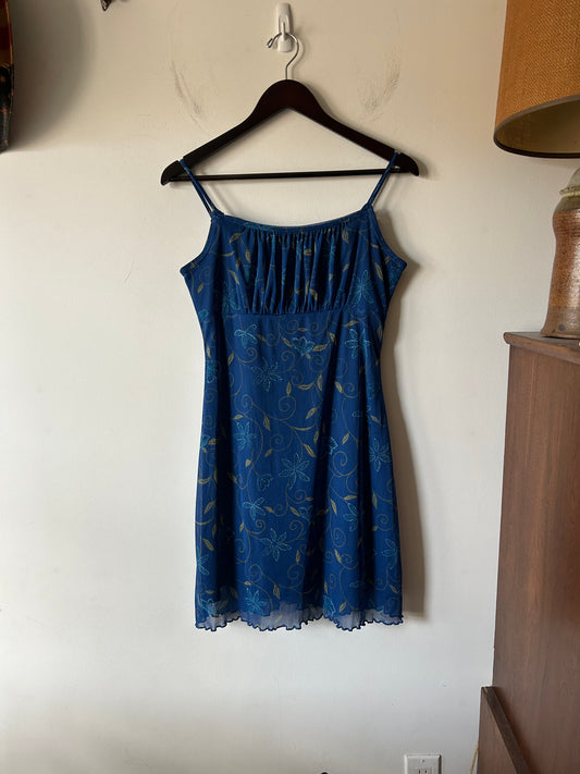 blue ruched floral print dress