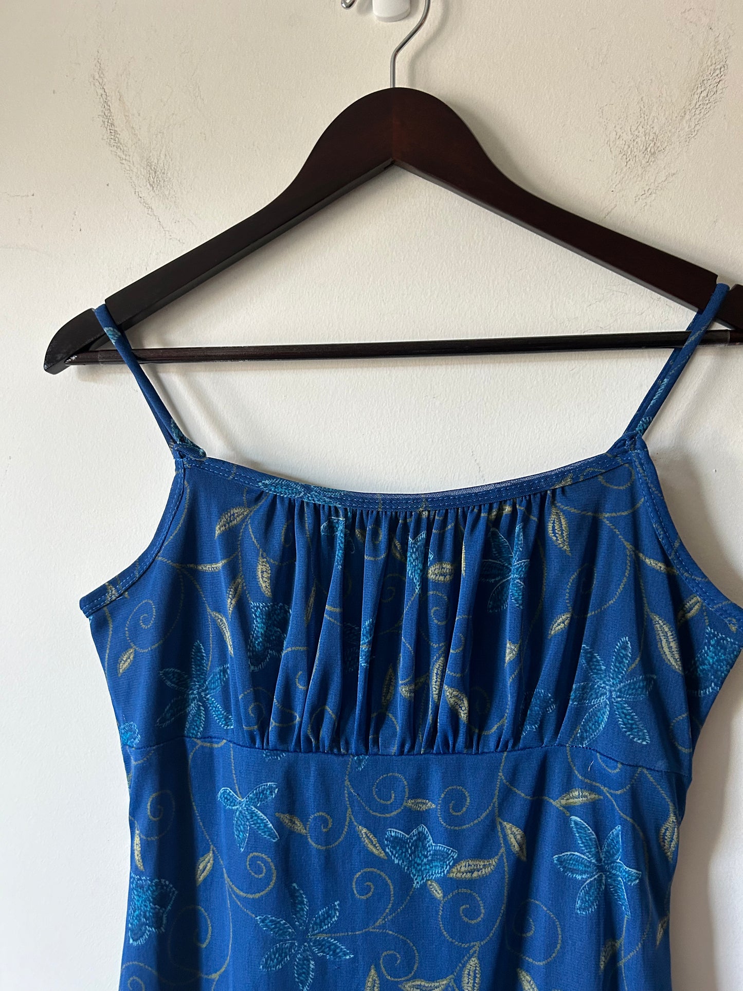 blue ruched floral print dress