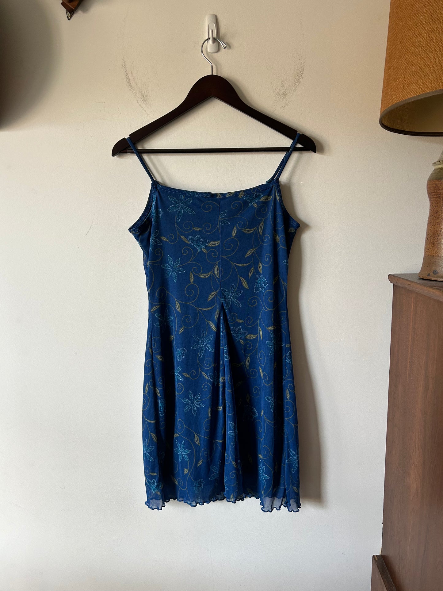blue ruched floral print dress
