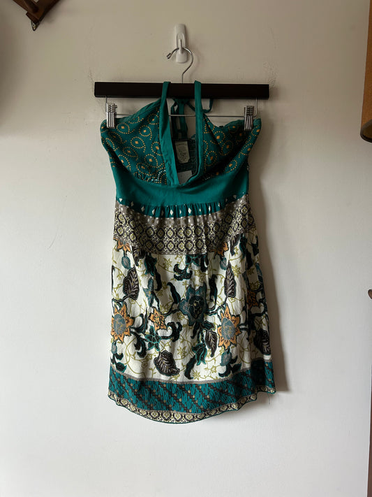 tropical floral print halter top with smocked bust
