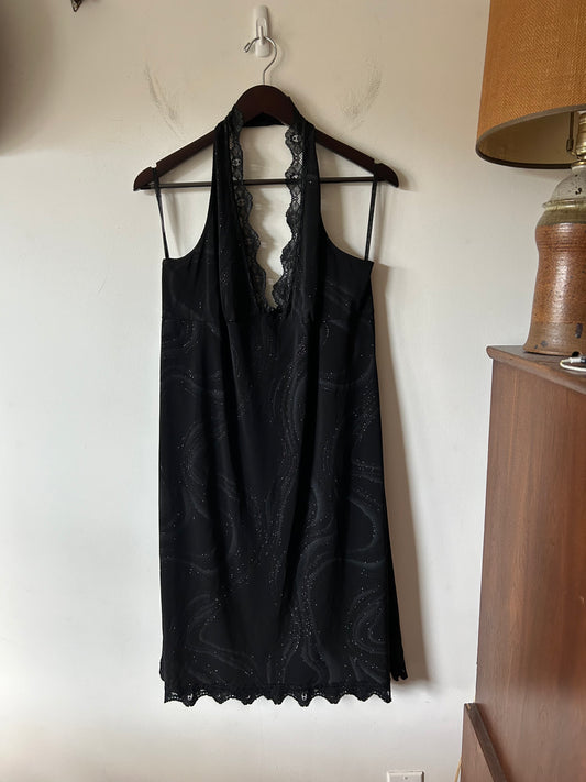 black halter dress with lace and glitter details