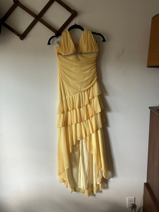 full length ruffled yellow gown with rhinestones