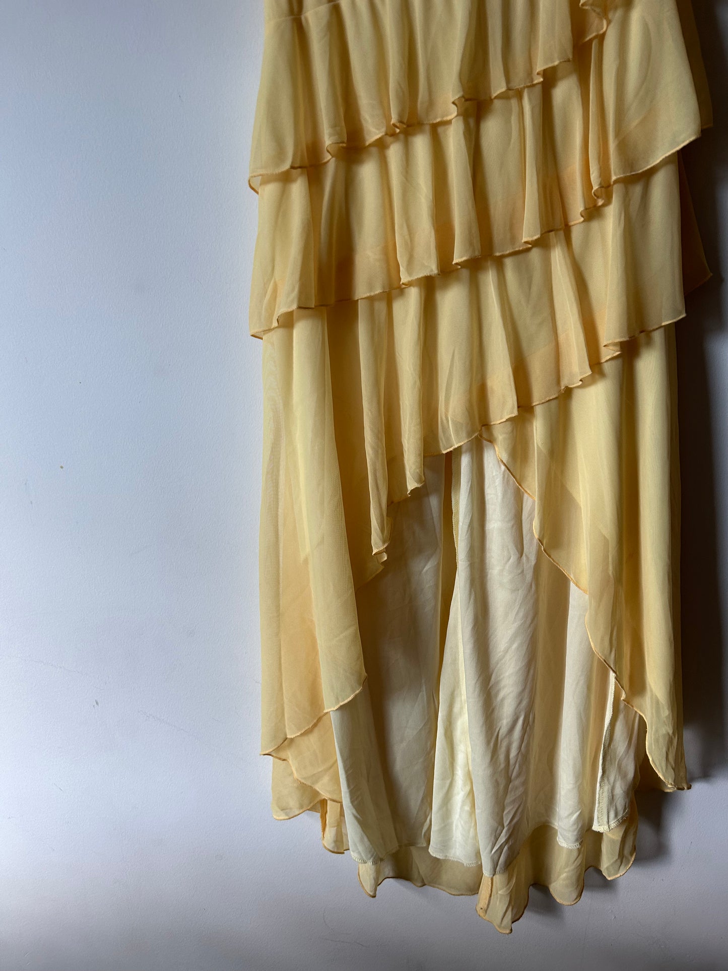full length ruffled yellow gown with rhinestones