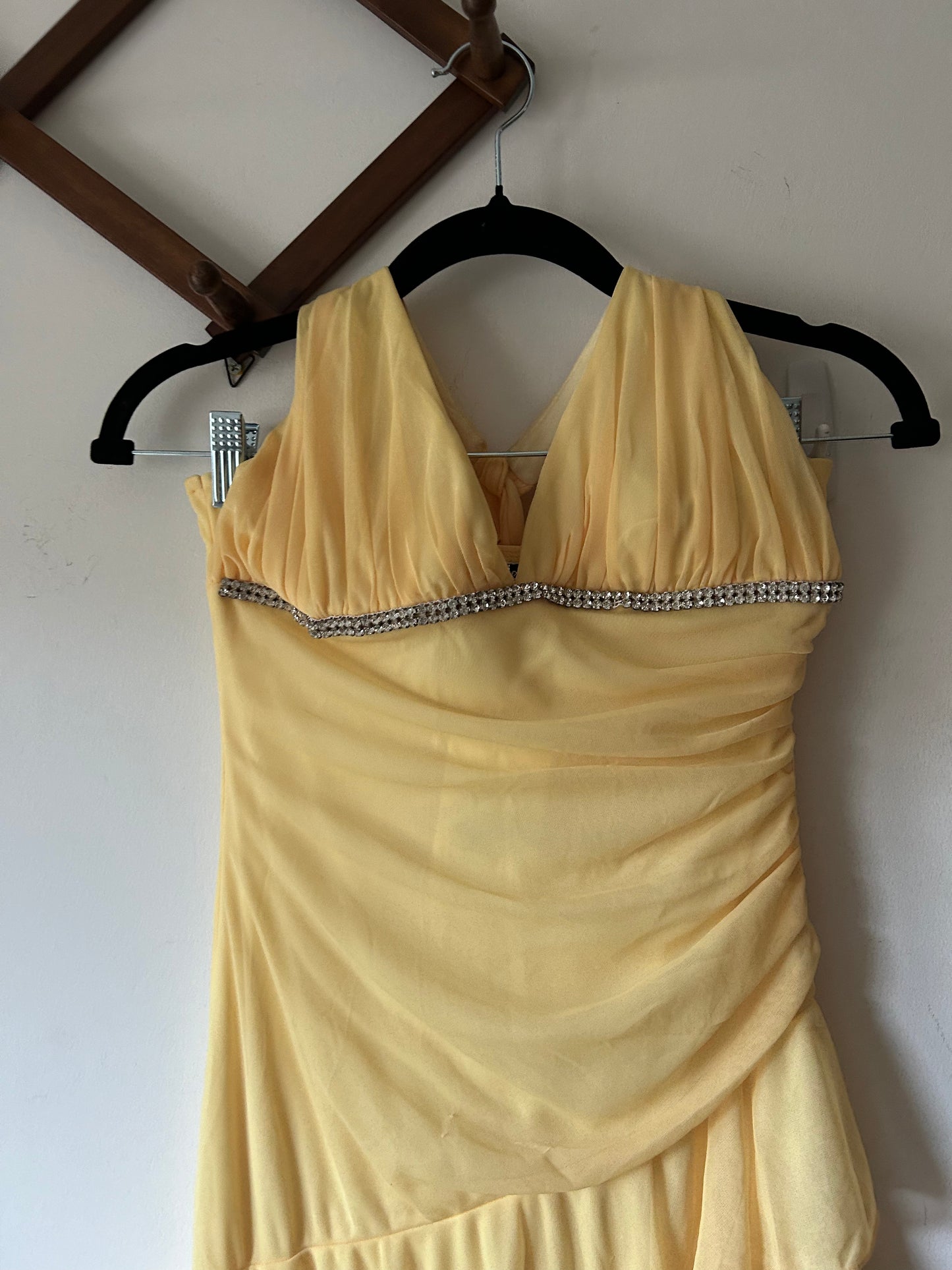 full length ruffled yellow gown with rhinestones