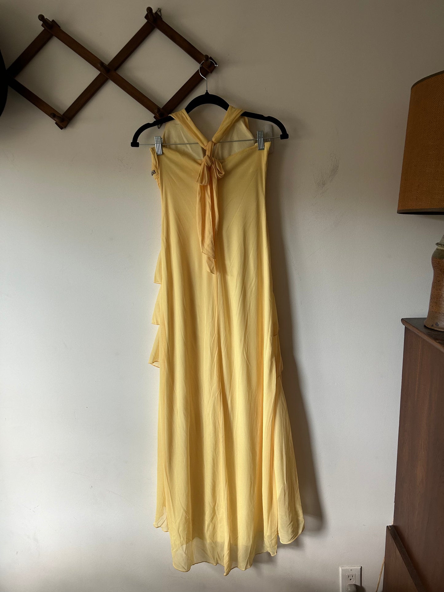 full length ruffled yellow gown with rhinestones