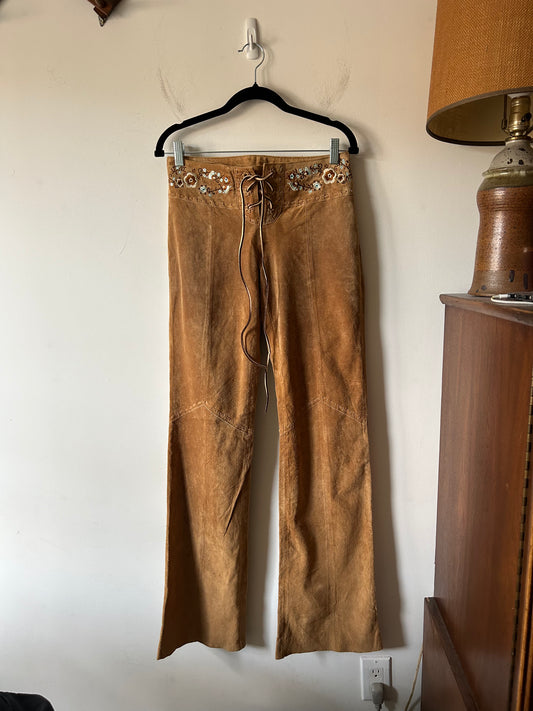 brown suede lace up pants with floral embroidery