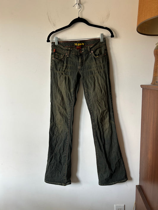 y2k low rise !it jeans in green acid wash
