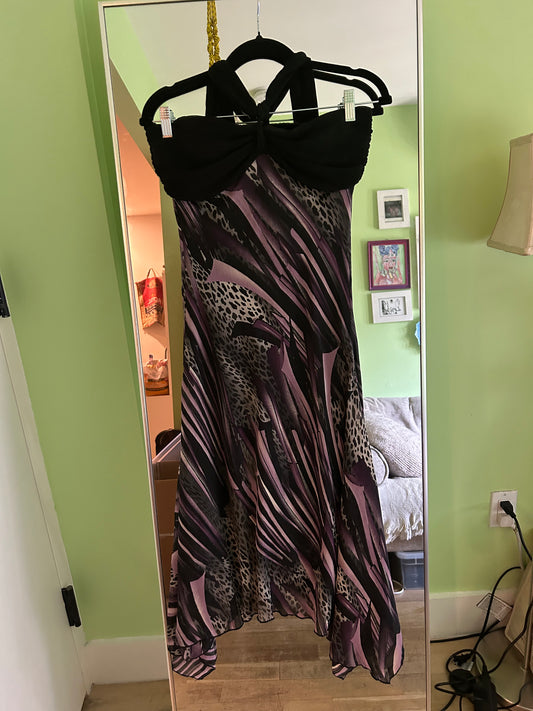 y2k full length purple stripe and leopard print dress